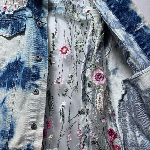Y2K Canyon River Blues Embroidered Sheer-Panel Tie-Dye Denim Jacket oversized - Picture 14 of 16